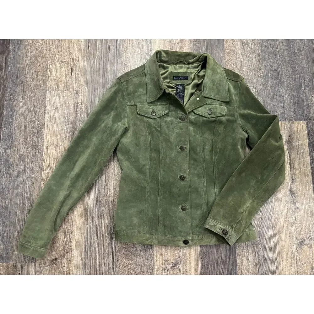 For Joseph Olive Green Suede Leather Trucker Jacket Womens Small B810-236 - Picture 1 of 5